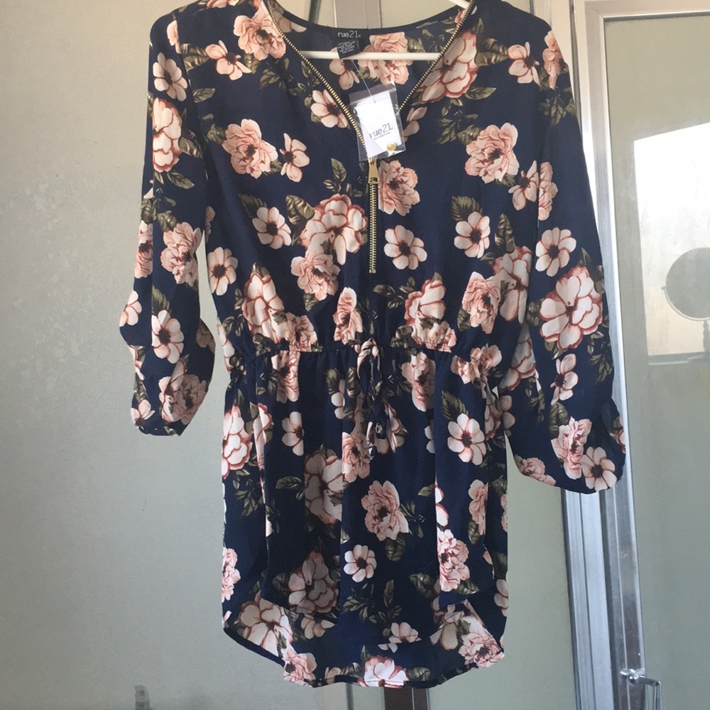 Rue 21 Navy Floral Half Zip Tie Front Blouse